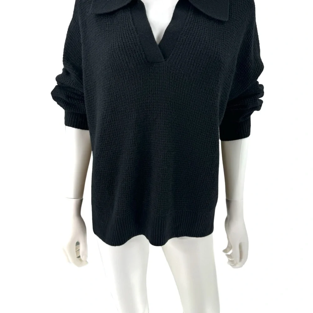 Quince | NEW Baby Alpaca-Wool Waffle Stitch Polo Sweater in Black Size XL - Picture 6 of 11